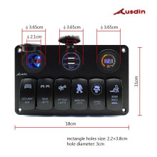 LED Light Bar Switch Panel- LED 6 Gang Rocker Switch Panel + 2 USB Charger Ports + Voltmeter Display with Cigarette Socket Digital Voltmete